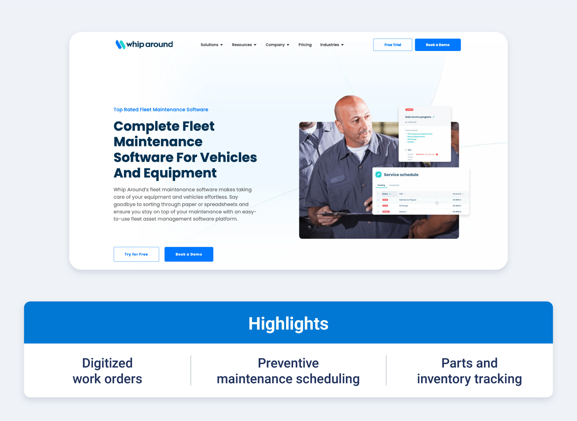 Whip Around fleet management dashboard showing preventive maintenance scheduling, digitized work orders, and parts inventory tracking.